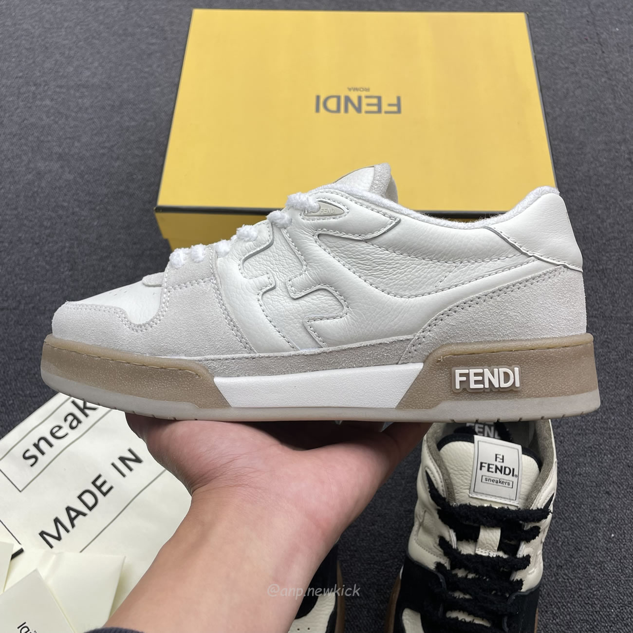 Fendi Match Cream Black White Suede And Leather Low Top Sneakers (11) - newkick.cc